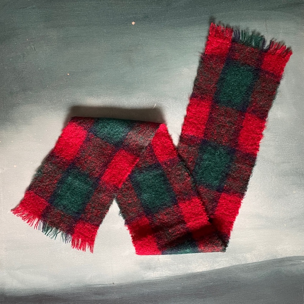 Vintage The Knitwear House Huppert London Mohair Wool Tartan Scarf Red Green 56”